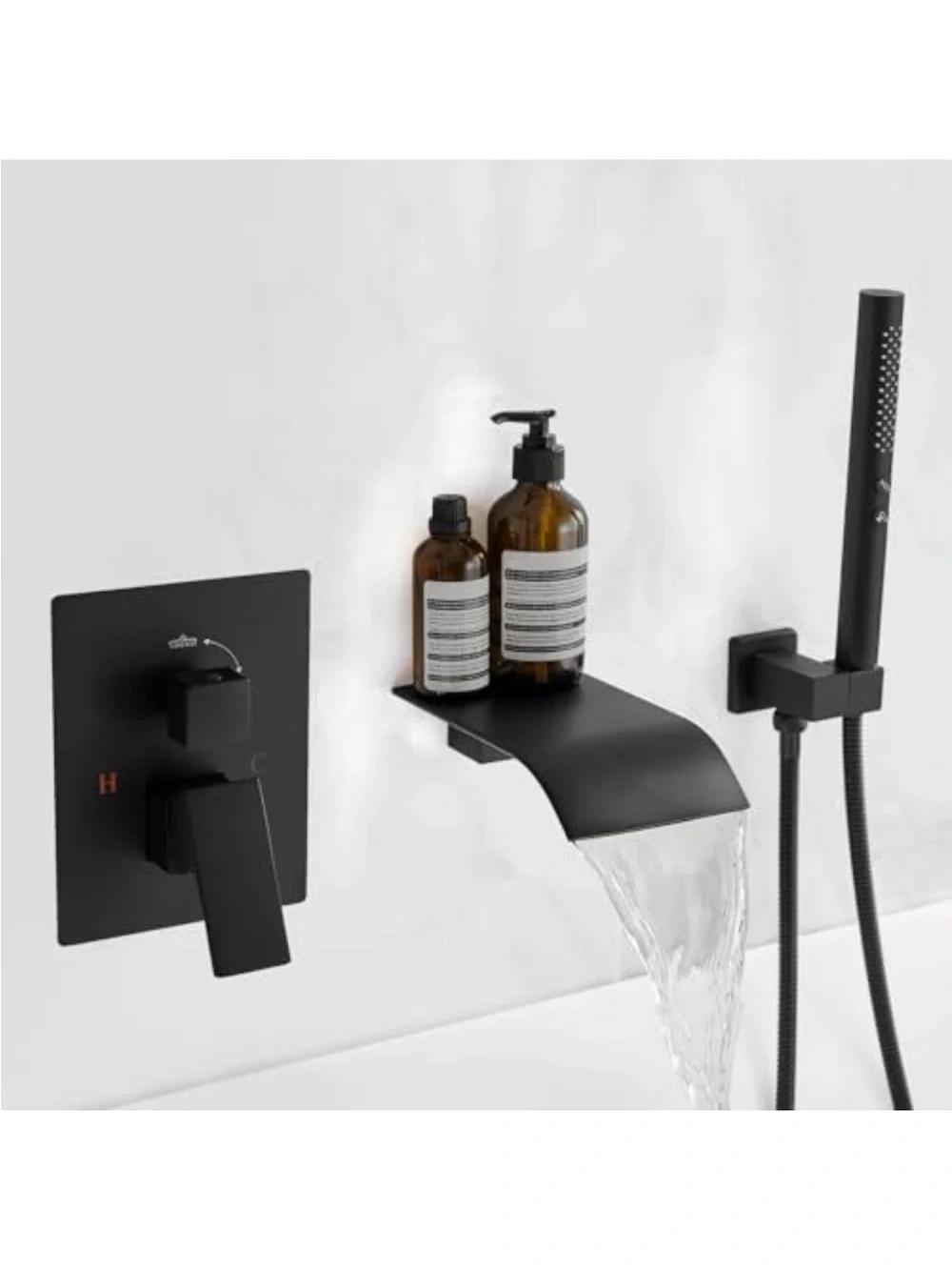 Matte Black Waterfall Bathtub Faucet with Hand Shower and Shelf